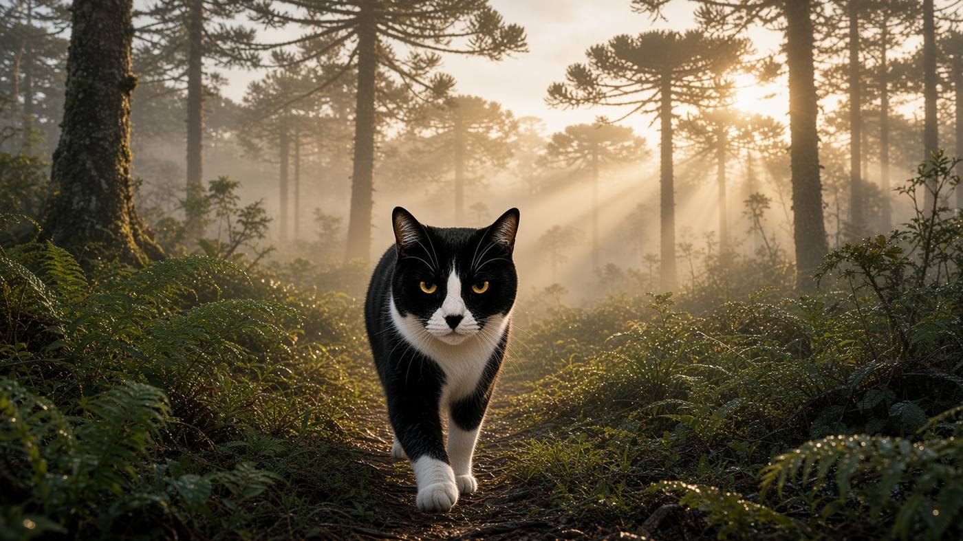 O gato caminha na mata ao amanhecer